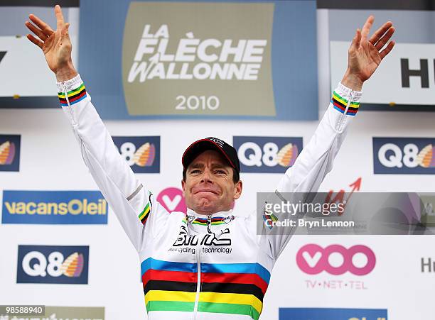 Cadel Evans of Australia and BMC Racing stands on the podium and celebrates winning the 74th Fleche Wallonne Race on April 21, 2010 in Huy, Belgium.