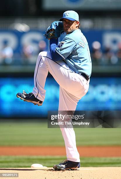 Pitcher Brian Bannister of the Kansas City Royals pitches in a game against the Detroit Tigers on April 8, 2010 at Kauffman Stadium in Kansas City,...