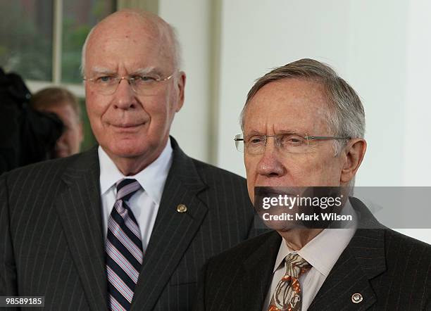 Senate Majority Leader Harry Reid , and Judiciary Committee Chairman Sen. Patrick Leahy , speak to reporters after meeting with President Obama at...
