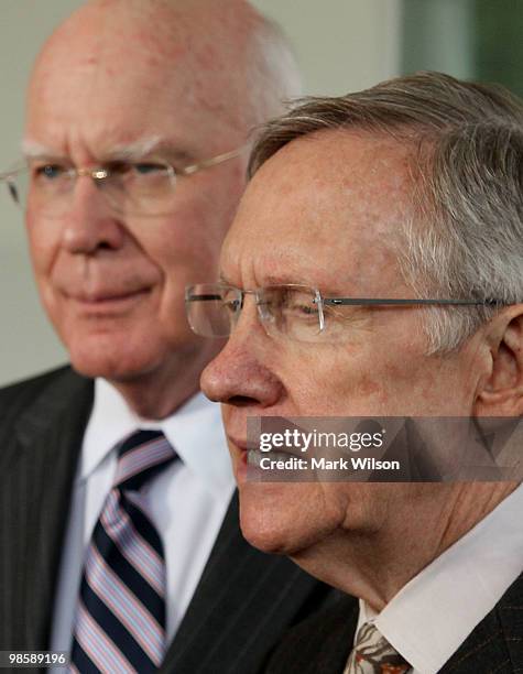 Senate Majority Leader Harry Reid , and Judiciary Committee Chairman Sen. Patrick Leahy , speak to reporters after meeting with President Obama at...