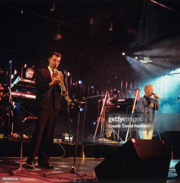 Richard Coles and Jimmy Somerville of Bronski Beat perform on stage in 1985.