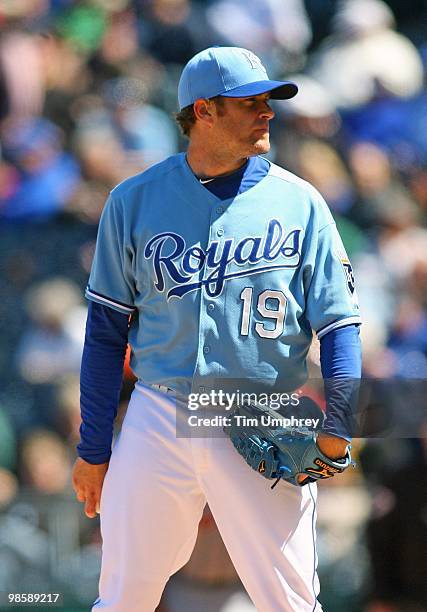 Pitcher Brian Bannister of the Kansas City Royals gets ready to pitch during a game against the Detroit Tigers on April 8, 2010 at Kauffman Stadium...