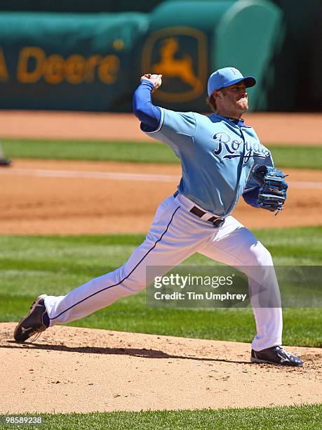 Pitcher Brian Bannister of the Kansas City Royals pitches in a game against the Detroit Tigers on April 8, 2010 at Kauffman Stadium in Kansas City,...