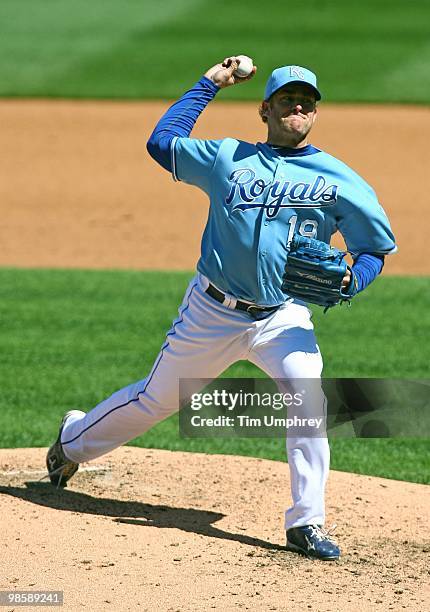 Pitcher Brian Bannister of the Kansas City Royals pitches in a game against the Detroit Tigers on April 8, 2010 at Kauffman Stadium in Kansas City,...
