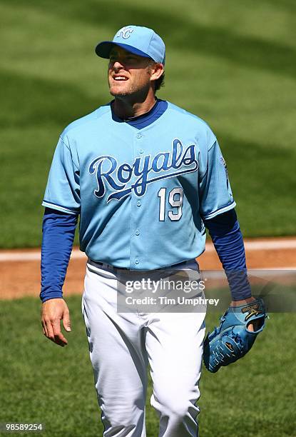 Pitcher Brian Bannister of the Kansas City Royals walks off the field during a game against the Detroit Tigers on April 8, 2010 at Kauffman Stadium...