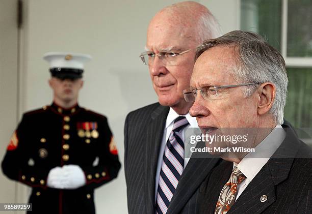 Senate Majority Leader Harry Reid , and Judiciary Committee Chairman Sen. Patrick Leahy , speak to reporters after meeting with President Obama at...