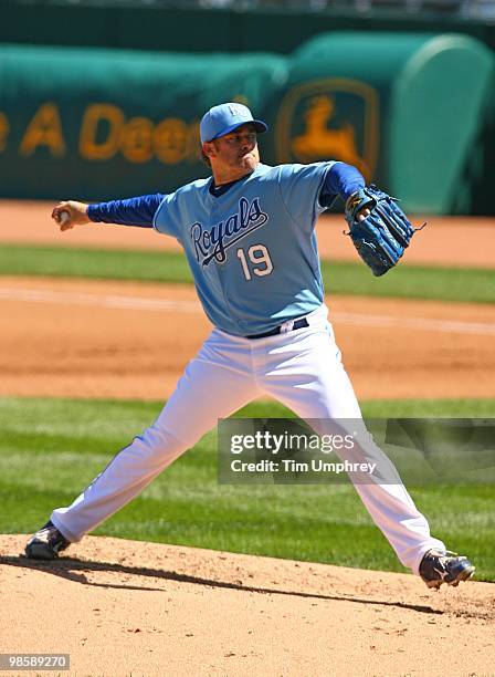 Pitcher Brian Bannister of the Kansas City Royals pitches in a game against the Detroit Tigers on April 8, 2010 at Kauffman Stadium in Kansas City,...