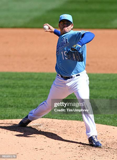 Pitcher Brian Bannister of the Kansas City Royals pitches in a game against the Detroit Tigers on April 8, 2010 at Kauffman Stadium in Kansas City,...