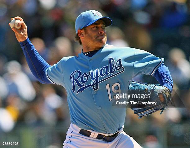 Pitcher Brian Bannister of the Kansas City Royals pitches in a game against the Detroit Tigers on April 8, 2010 at Kauffman Stadium in Kansas City,...
