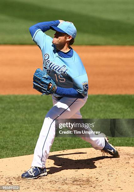 Pitcher Brian Bannister of the Kansas City Royals pitches in a game against the Detroit Tigers on April 8, 2010 at Kauffman Stadium in Kansas City,...