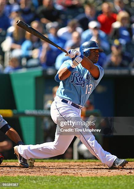 Third baseman Alberto Callaspo of the Kansas City Royals hits the ball to right field in a game against the Detroit Tigers on April 8, 2010 at...