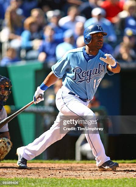 Third baseman Alberto Callaspo of the Kansas City Royals hits the ball to right field in a game against the Detroit Tigers on April 8, 2010 at...