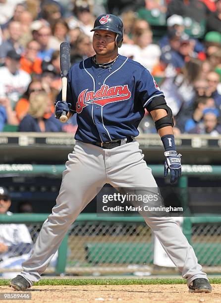 Jhonny Peralta of the Cleveland Indians bats against the Detroit Tigers during the game at Comerica Park on April 10, 2010 in Detroit, Michigan. The...