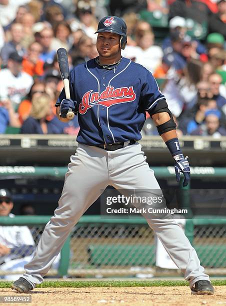 Jhonny Peralta of the Cleveland Indians bats against the Detroit Tigers during the game at Comerica Park on April 10, 2010 in Detroit, Michigan. The...