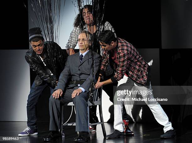 Jackson and Ali of "Dude, What Would Happen" perform a stunt onstage during the Cartoon Network Upfront 2010 at Jazz at Lincoln Center on April 21,...