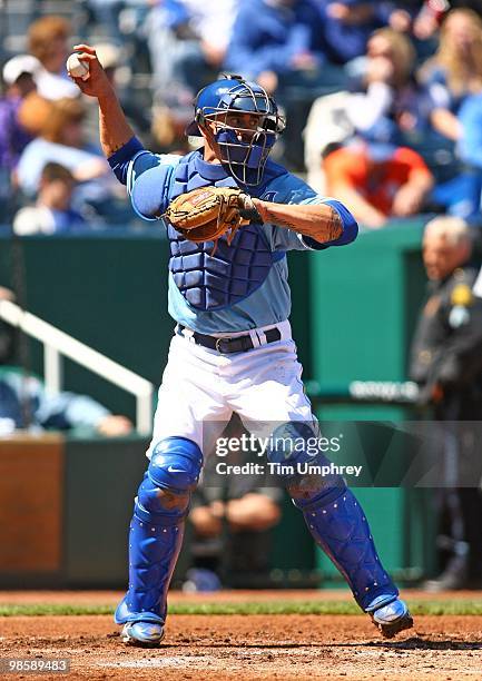 Catcher Jason Kendall of the Kansas City Royals throws to second base in a game against the Detroit Tigers on April 8, 2010 at Kauffman Stadium in...