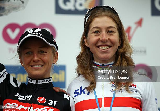 Race winner Emma Pooley of Great Britain and the Cervelo Test Team stands with 2nd placed Nicole Cooke of Great Britain on the podium after the...