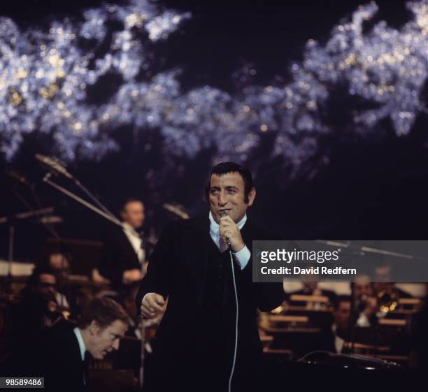 American singer Tony Bennett performs on stage at the Talk of the Town in London, England in 1972.