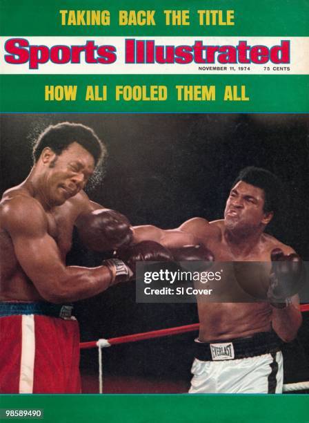 November 11, 1974 Sports Illustrated via Getty Images Cover: Boxing: WBA/WBC Heavyweight Title: Muhammad Ali in action, taking punch vs George...