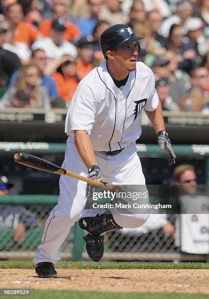 Magglio Ordonez of the Detroit Tigers bats against the Cleveland Indians during the game at Comerica Park on April 10, 2010 in Detroit, Michigan. The...