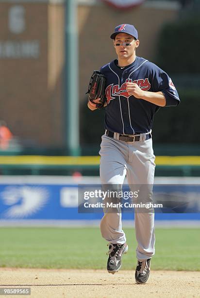 Grady Sizemore of the Cleveland Indians runs off the field against the Detroit Tigers during the game at Comerica Park on April 10, 2010 in Detroit,...