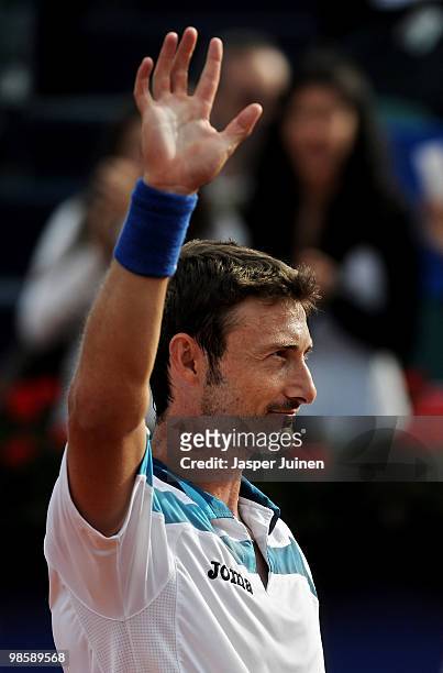 Juan Carlos Ferrero of Spain waves to fans at the end of his match against Sergiy Stakhovsky of the Ukrain on day three of the ATP 500 World Tour...