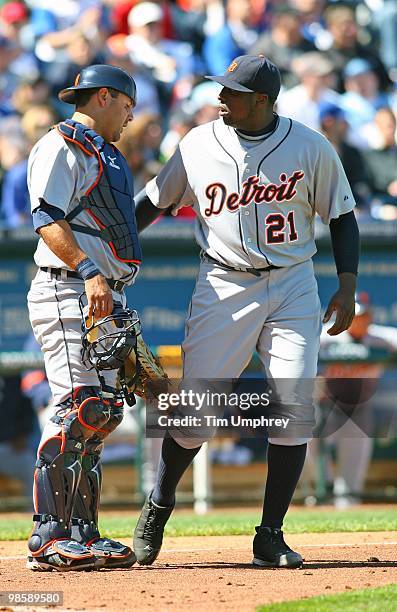 Pitcher Dontrelle Willis of the Detroit Tigers talks with catcher Gerald Laird during a game against the Kansas City Royals ton April 8, 2010 at...