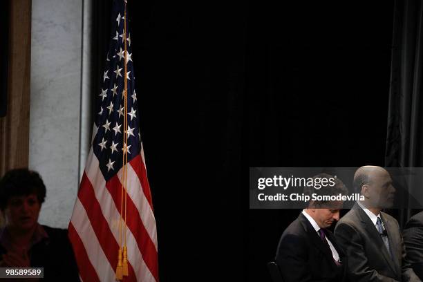 Treasury Secertary Timothy Geithner and Federal Reserve Chairman Ben Bernanke attend the unveiling of the new $100 note at the Treasury Department...