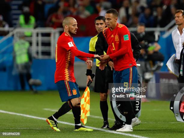 David Silva of Spain and Rodrigo Moreno of Spain gesture during the 2018 FIFA World Cup Russia group B match between Spain and Morocco at Kaliningrad...