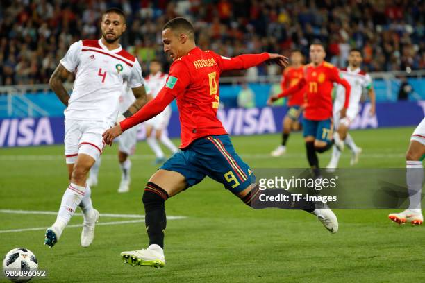 Rodrigo Moreno of Spain kicks the ball during the 2018 FIFA World Cup Russia group B match between Spain and Morocco at Kaliningrad Stadium on June...