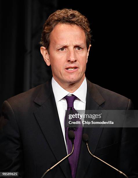 Treasury Secretary Timothy Geithner makes brief remarks during the unveiling of the new $100 note in the Cash Room at the Treasury Department April...