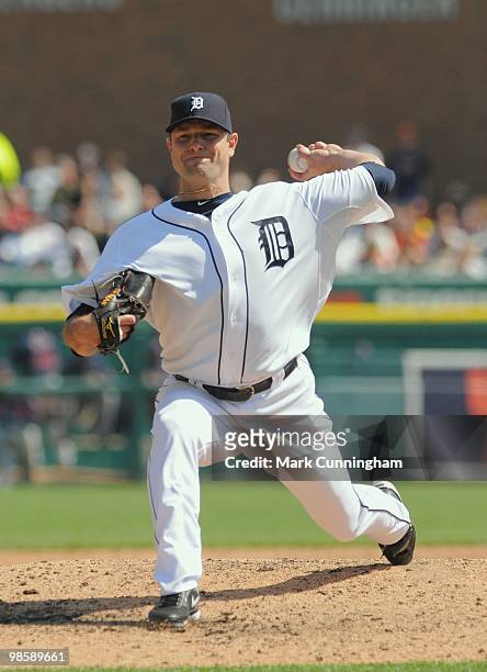 Brad Thomas of the Detroit Tigers pitches against the Cleveland Indians during the game at Comerica Park on April 10, 2010 in Detroit, Michigan. The...