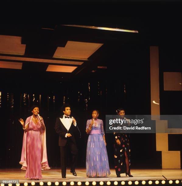 Marcia Barrett, Bobby Farrell, Maizie Williams and Liz Mitchell of Boney M perform on stage at the Royal Variety Show in November 1978.