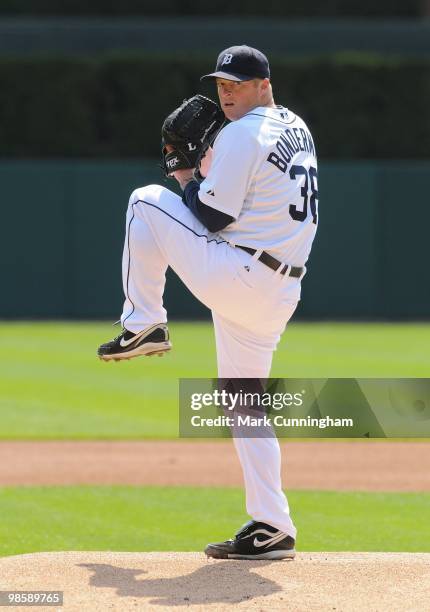 Jeremy Bonderman of the Detroit Tigers pitches against the Cleveland Indians during the game at Comerica Park on April 10, 2010 in Detroit, Michigan....