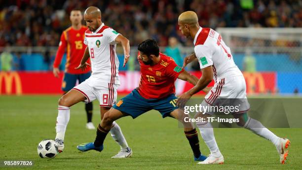 Karim El Ahmadi of Morocco and Diego Costa of Spain battle for the ball during the 2018 FIFA World Cup Russia group B match between Spain and Morocco...