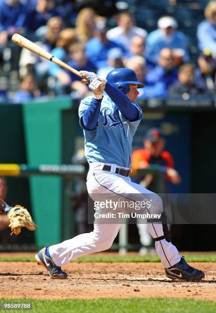 Second baseman Chris Getz of the Kansas City Royals hits a single in a game against the Detroit Tigers on April 8, 2010 at Kauffman Stadium in Kansas...