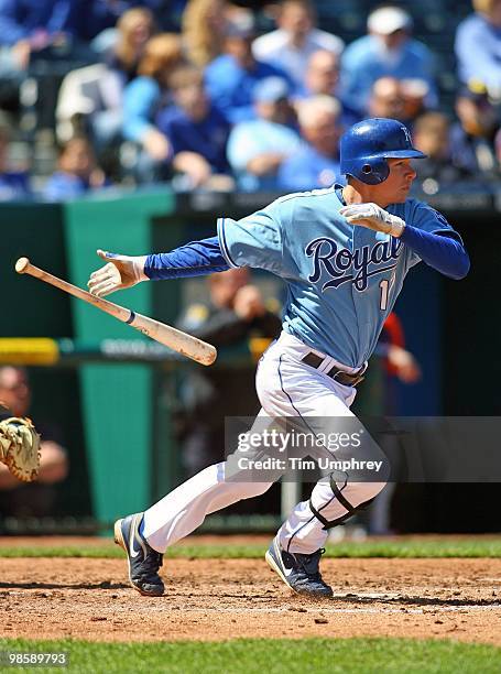 Second baseman Chris Getz of the Kansas City Royals hits a single in a game against the Detroit Tigers on April 8, 2010 at Kauffman Stadium in Kansas...