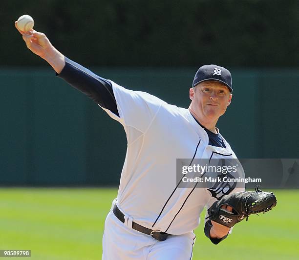 Jeremy Bonderman of the Detroit Tigers pitches against the Cleveland Indians during the game at Comerica Park on April 10, 2010 in Detroit, Michigan....