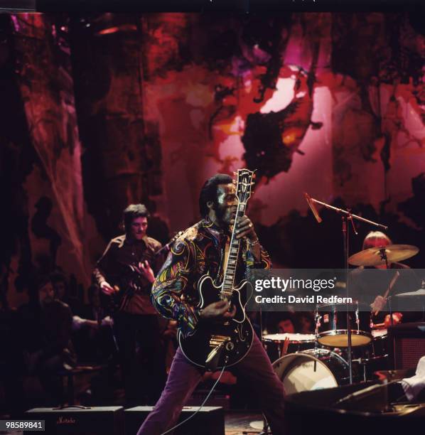 American singer, songwriter and guitarist Chuck Berry performs live on stage during recording of the BBC television show 'Sounds for Saturday' at BBC...