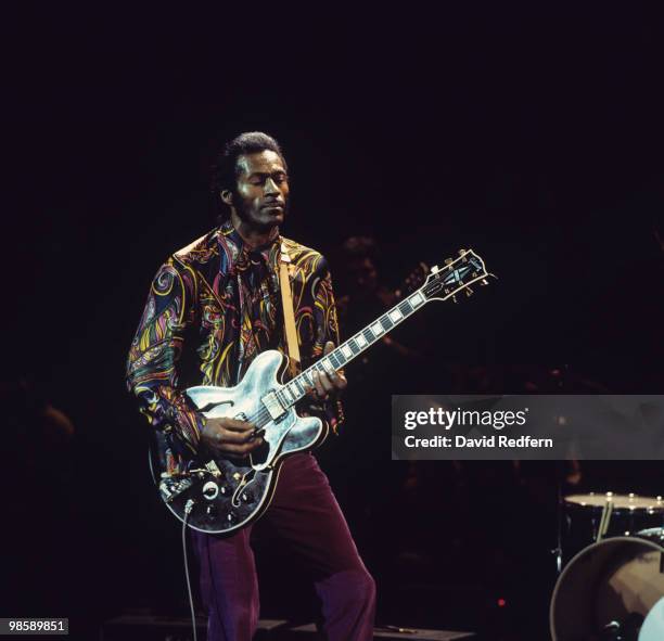 American singer, songwriter and guitarist Chuck Berry performs live on stage during recording of the BBC television show 'Sounds for Saturday' at BBC...