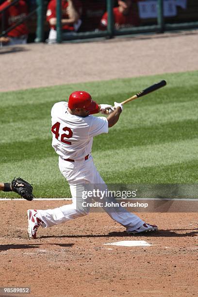 Albert Pujols of the St. Louis Cardinals doubles in the eighth inning during the game between the Houston Astros and the St. Louis Cardinals on...