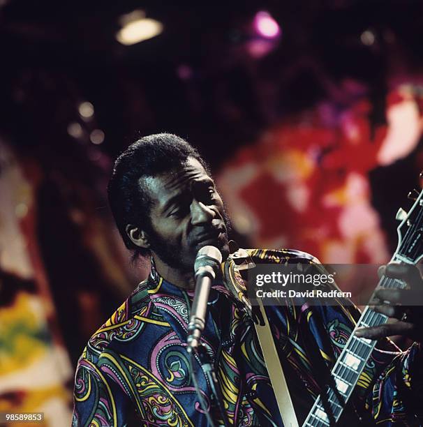 American singer, songwriter and guitarist Chuck Berry performs live on stage during recording of the BBC television show 'Sounds for Saturday' at BBC...