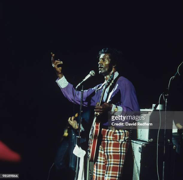 American singer, songwriter and guitarist Chuck Berry performs live on stage at The Rainbow Theatre in Finsbury Park, London on 19th January 1973.