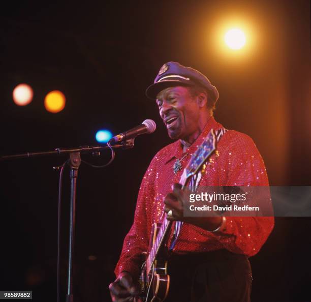 American singer, songwriter and guitarist Chuck Berry performs live on stage at the Jazz a Juan Festival in Antibes, France on 22nd July 2001.