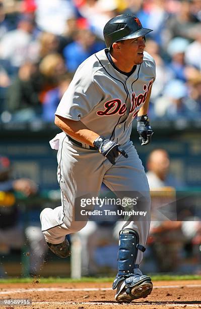 Right fielder Magglio Ordonez of the Detroit Tigers watches a hit as he runs to first base in a game against the Kansas City Royals ton April 8, 2010...