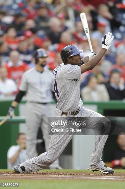 Dexter Fowler of the Colorado Rockies bats against the Washington Nationals April 20, 2010 at Nationals Park in Washington, DC.