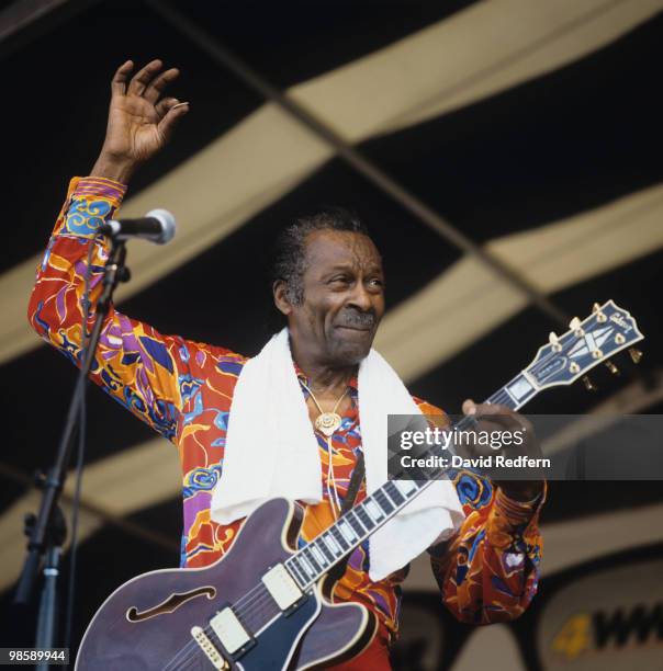 American singer, songwriter and guitarist Chuck Berry performs live on stage at the New Orleans Jazz and Heritage Festival in New Orleans, Louisiana,...