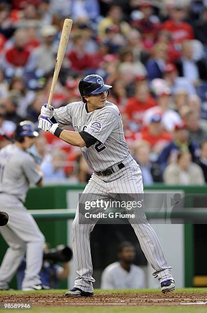 Troy Tulowitzki of the Colorado Rockies bats against the Washington Nationals April 20, 2010 at Nationals Park in Washington, DC.