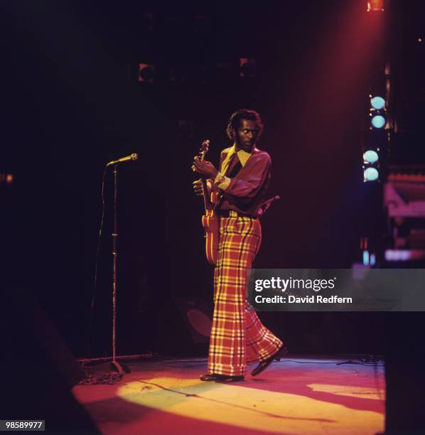 American singer, songwriter and guitarist Chuck Berry performs live on stage at The Rainbow Theatre in Finsbury Park, London on 19th January 1973.