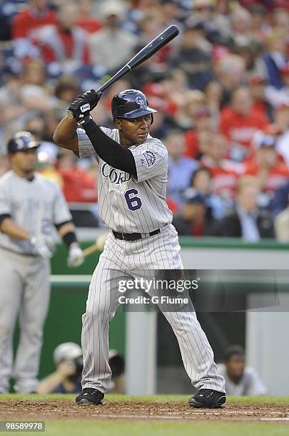 Melvin Mora of the Colorado Rockies bats against the Washington Nationals April 20, 2010 at Nationals Park in Washington, DC.